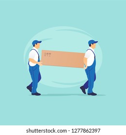 Moving and delivery service. Couple loaders movers team with cardboard box. Two men in uniform. Vector illustration.