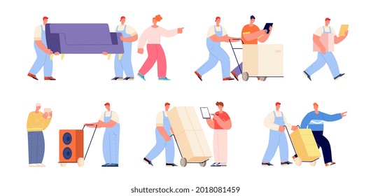 Moving and delivery service. Women delivering box, movers and clients. Warehouse workers, men helping relocation, carrying furniture utter vector set