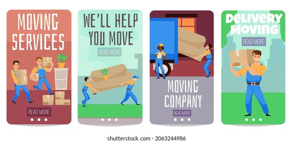 Moving delivery services characters online app vector layout cartoon style. Loaders in blue uniform help to move couch, furniture and carton boxes to new home or office vector landing.