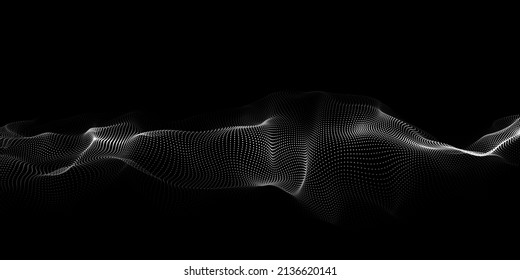 A moving digital 3d wave. Futuristic dark background with dynamic white particles. The concept of big data. Cyberspace. Vector illustration.