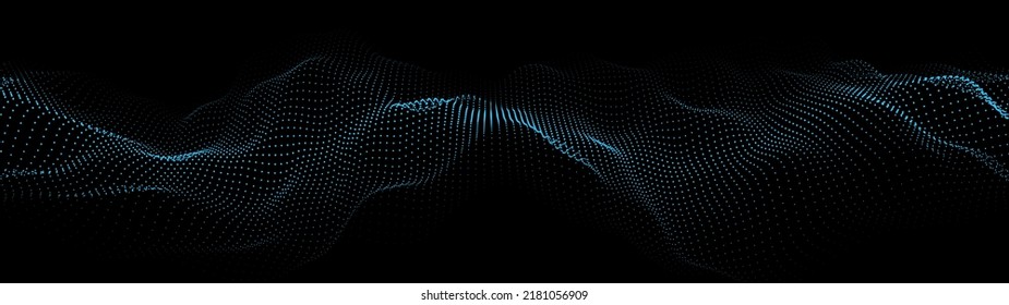 A moving digital 3d wave. Futuristic dark background with dynamic blue particles. The concept of big data. Cyberspace. Vector illustration.