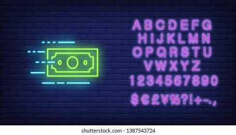 Moving dollar bill neon sign. Money, finance and currency concept. Advertisement design. Night bright neon sign, colorful billboard, light banner. Vector illustration in neon style.