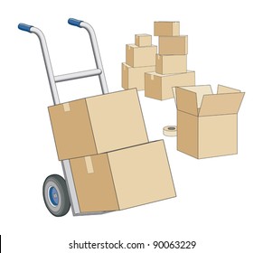 Moving Dolly and Boxes is an illustration of a dolly and boxes ready for moving.
