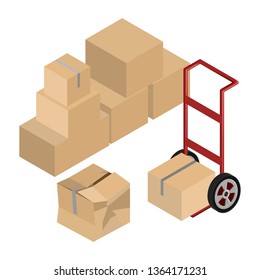 Moving dolly and cardboard boxes in isometric vector design for self storage concept