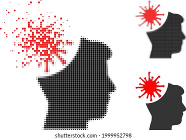 Icono del hombre loco de los puntocoronavirus en movimiento con versión de medio tono. Efecto de destrucción de vectores para el icono del hombre loco de coronavirus.