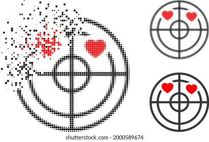 Pictograma de radar de corazones de amor de punto móvil con versión de medio tono. Efecto de destrucción vectorial para el símbolo de radar de corazones amorosos. El efecto de destrucción de píxeles para el radar de corazones de amor da velocidad al mundo del ciberespacio.