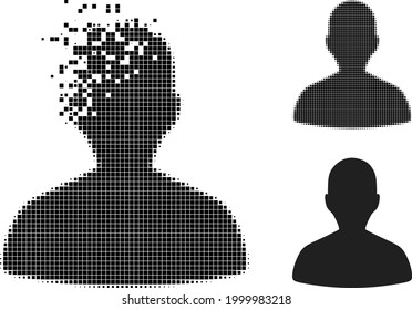 Moving dot person profile icon with halftone version. Vector destruction effect for person profile icon. Pixelated dissipating effect for person profile shows movement of virtual concepts.