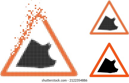 Verschieben des Punktpork-Warnpiktogramms mit der Halbtonversion. Vektorzerstörungseffekt für Schweinewarnbild. Pixel-Erstellungseffekt für Schweinewarnung zeigt Geschwindigkeit von Cyberspace-Abstraktionen.