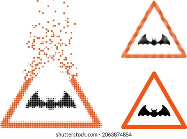 Moving dotted bat warning pictogram with halftone version. Vector destruction effect for bat warning pictogram. Pixelated dispersing effect for bat warning reproduces speed of cyberspace abstractions.
