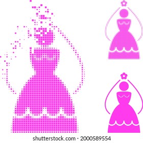 Pictograma de novias punteadas en movimiento con versión de semitono. Efecto de viento vectorial para pictograma de novia. El efecto de creación pixelado para la novia muestra el movimiento de abstracciones virtuales.