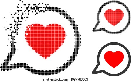 Moving dotted favorite message icon with halftone version. Vector wind effect for favorite message icon. Pixelated dissolving effect for favorite message shows speed of cyberspace objects.