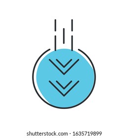 Moving down arrow in circle blue RGB color icon. Mobile app page browsing indicator. Website pointer. Web cursor. Scrolldown button.Two arrowheads in round shape. Isolated vector illustration