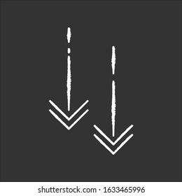 Moving down arrowheads chalk white icon on black background. Scroll down arrows, website pointer. Scrolldown application menu interface cursor. Isolated vector chalkboard illustration