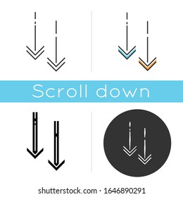 Nach unten Pfeilspitzen Symbol. Seitenbrowserrichtung in vertikaler Richtung. Scrollen Sie nach unten. Scrolldown-Menü-Benutzeroberfläche Cursor. Lineare Schwarz- und RGB-Farbstile. Einzelne Vektorgrafiken