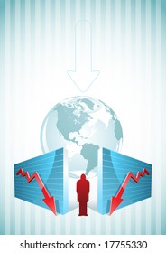 Moving down charts and businessman.