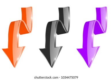 Moving down shiny 3d arrows. Colored set. Vector 3d illustration isolated on white background