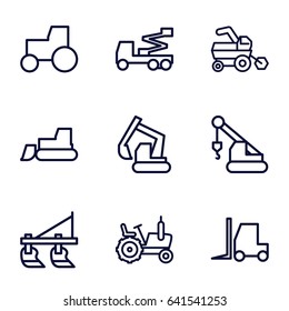 Moving equipment icons set. set of 9 tractor outline icons such as tractor, excavator