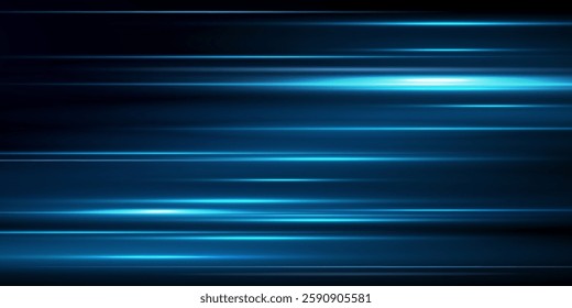 Moving fast blue laser beams isolated on a black background. luminous light effect. Horizontal rays glow in the dark.