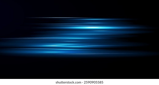 Moving fast blue laser beams isolated on a black background. luminous light effect. Horizontal rays glow in the dark.