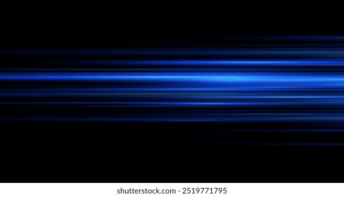 Moving fast blue laser light beams isolated on black background. Abstract light effect. Green lens flare. Horizontal rays glowing in the dark. Vector