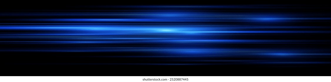 Rápidos rayos de luz láser azul en movimiento aislados sobre fondo negro. Abstractas efecto de luz. Destello de lente verde. Horizontales rayos brillando en la oscuridad. Vector