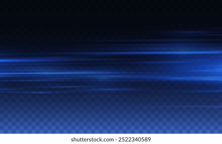 Movendo raios de luz laser azul rápido isolados no fundo preto. Efeito de luz abstrata. Exacerbação da lente verde. Raios horizontais brilhando no escuro. Vetor