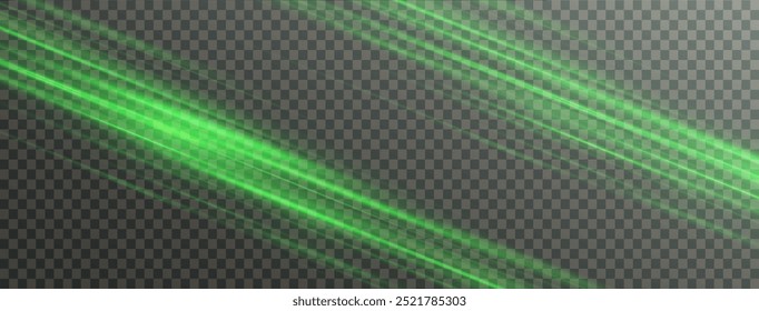
Moving fast green laser light beams isolated on black background. Abstract light effect. Green lens flare. Horizontal rays glowing in the dark. Vector