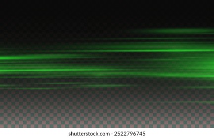 
Bewegte schnelle grüne Laserlichtstrahlen einzeln auf schwarzem Hintergrund. Abstrakter Lichteffekt. Grüne Linsenfackel. Horizontale Strahlen leuchten im Dunkeln. Vektorgrafik