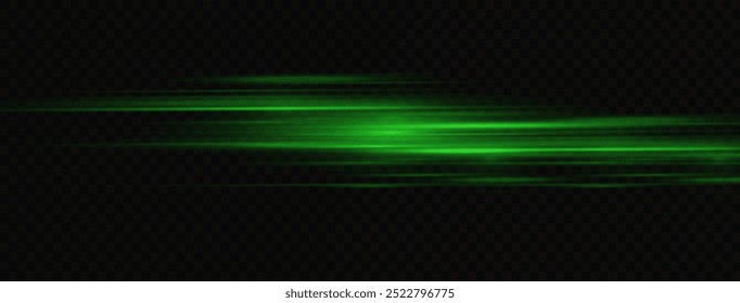 
Moving fast green laser light beams isolated on black background. Abstract light effect. Green lens flare. Horizontal rays glowing in the dark. Vector