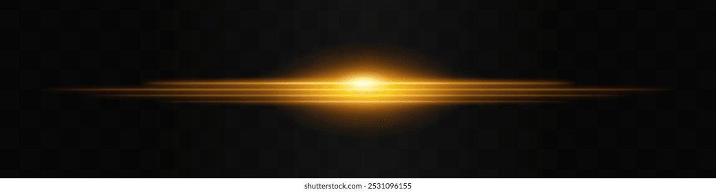Moving fast Horizontal glowing golden light beam on a black background, Highlight effect. Abstract laser reflection. Light effect. Directional light effect. Lens flare. Horizontal rays glowing