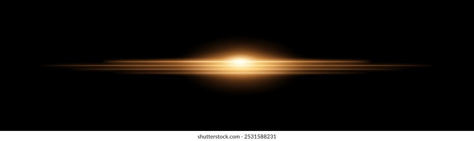 Moving fast Horizontal glowing golden light beam on a black background, Highlight effect. Abstract laser reflection. Light effect. Directional light effect. Lens flare. Horizontal rays glowing