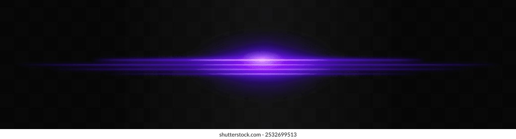 Bewegt sich schnell Horizontal leuchtendes violettes Lichtbündel auf schwarzem Hintergrund, Lichteffekt. Abstrakte Laserreflexion. Lichteffekt. Richtungsabhängiger Lichteffekt. Linsenfackel. Horizontal leuchtende Strahlen