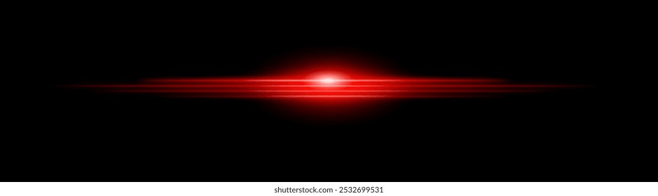 Moving fast Horizontal glowing red light beam on a black background, Highlight effect. Abstract laser reflection. Light effect. Directional light effect. Lens flare. Horizontal rays glowing