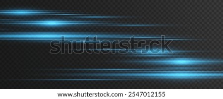 Moving fast laser beams isolated on dark transparent background. Abstract light effect. Lens flare. Glowing horizontal blue rays. Vector illustration. EPS 10