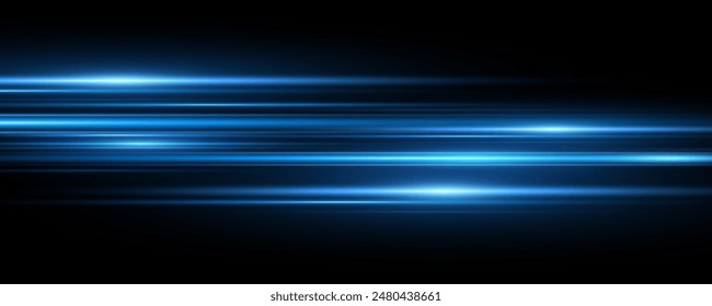 Moving fast laser beams of light isolated on black background. Abstract light effect. Lens flare. Horizontal rays glowing in the dark. Vector illustration. EPS 10