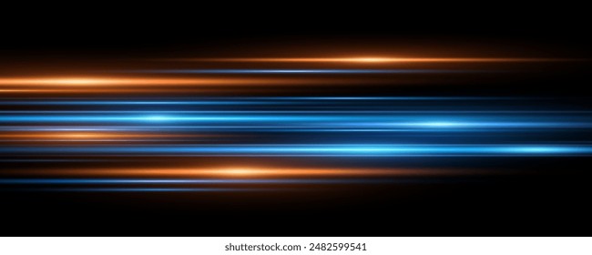 Moving fast laser beams of light isolated on black background. Abstract light effects. Lens flare. Horizontal blue and orange rays glowing in the dark. Vector illustration. EPS 10