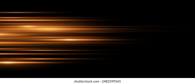 Moving fast laser beams of light isolated on black background. Abstract light effects. Lens flare. Horizontal orange rays glowing in the dark. Vector illustration