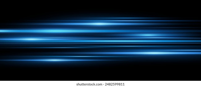 Moving fast laser beams of light isolated on black background. Abstract light effects. Lens flare. Horizontal rays glowing in the dark. Vector illustration. EPS 10