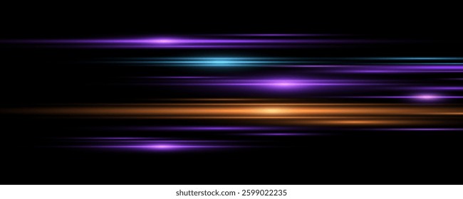 Moving fast multicolored laser beams on black background. Abstract light effect. Lens flare. Glowing horizontal colorful rays. Vector illustration. EPS 10