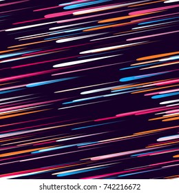 Moving Fast Neon Light Particles, Shooting Stars, Meteorites on Space Background. Speed Lines, Stripes Seamless Pattern Design. Seamless Holiday, Cover, Ad, Fashion, Fabric Pattern