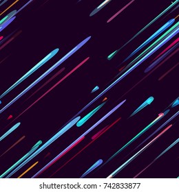 Moving Fast Neon Light Particles, Shooting Stars, Meteorites on Space Background. Speed Lines, Stripes Seamless Pattern Design. Seamless Holiday, Cover, Ad, Fashion, Fabric Pattern