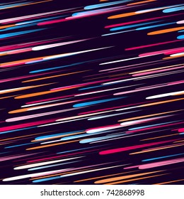 Moving Fast Neon Light Particles, Shooting Stars, Meteorites on Space Background. Speed Lines, Stripes Seamless Pattern Design. Seamless Holiday, Cover, Ad, Fashion, Fabric Pattern