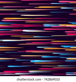 Moving Fast Neon Light Particles, Shooting Stars, Meteorites on Space Background. Speed Lines, Stripes Seamless Pattern Design. Seamless Holiday, Cover, Ad, Fashion, Fabric Pattern