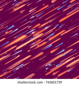 Moving Fast Neon Light Particles, Shooting Stars, Meteorites on Space Background. Speed Lines, Stripes Seamless Pattern Design. Seamless Holiday, Cover, Ad, Fashion, Fabric Pattern