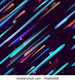 Moving Fast Neon Light Particles, Shooting Stars, Meteorites on Space Background. Speed Lines, Stripes Seamless Pattern Design. Seamless Holiday, Cover, Ad, Fashion, Fabric Pattern