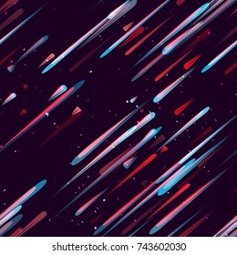 Moving Fast Neon Light Particles, Shooting Stars, Meteorites on Space Background. Speed Lines, Stripes Seamless Pattern Design. Seamless Holiday, Cover, Ad, Fashion, Fabric Pattern