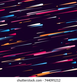 Moving Fast Neon Light Particles, Shooting Stars, Meteorites on Space Background. Speed Lines, Stripes Seamless Pattern Design. Seamless Holiday, Cover, Ad, Fashion, Fabric Pattern