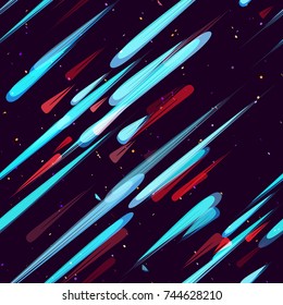 Moving Fast Neon Light Particles, Shooting Stars, Meteorites on Space Background. Speed Lines, Stripes Seamless Pattern Design. Seamless Holiday, Cover, Ad, Fashion, Fabric Pattern