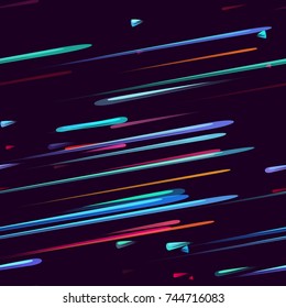 Moving Fast Neon Light Particles, Shooting Stars, Meteorites on Space Background. Speed Lines, Stripes Seamless Pattern Design. Seamless Holiday, Cover, Ad, Fashion, Fabric Pattern