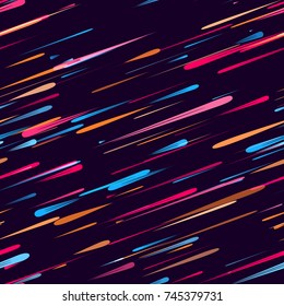 Moving Fast Neon Light Particles, Shooting Stars, Meteorites on Space Background. Speed Lines, Stripes Seamless Pattern Design. Seamless Holiday, Cover, Ad, Fashion, Fabric Pattern